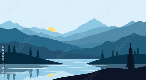 A tranquil mountain scene featuring a calm lake reflecting the sky, silhouetted trees, and a soft sunset glow over the peaks.