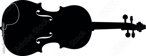 Solid black silhouette vector illustration of a violin or cello musical instrument for classical music concert posters, orchestra logos, and string musician graphics. (25 words)