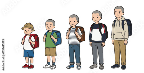 ランドセルを背負った男の子の成長過程のイラストセット 5段階