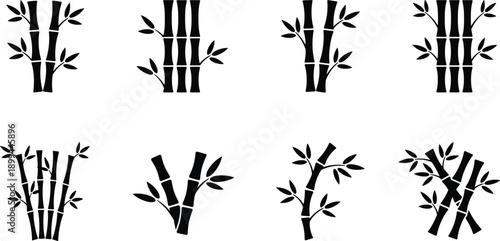 Bamboo plant silhouette icons set featuring natural stems leaves for asian nature zen garden design concepts vector illustration