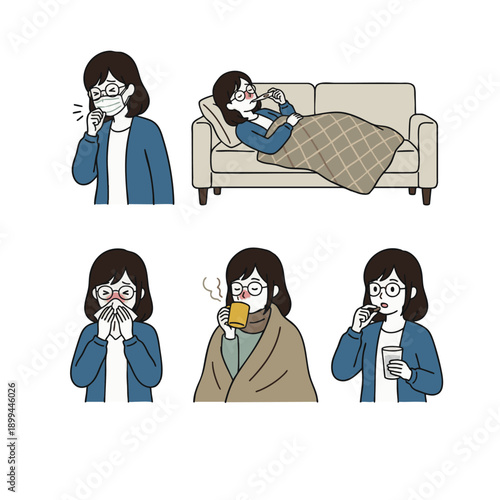 風邪や体調不良で療養する若い女性のイラストセット
