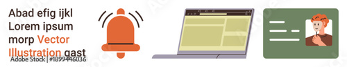 Digital notifications, online communication, identity security, web access, alert systems, technology. Icons of a notification bell, laptop browser and ID card. Digital notifications and online
