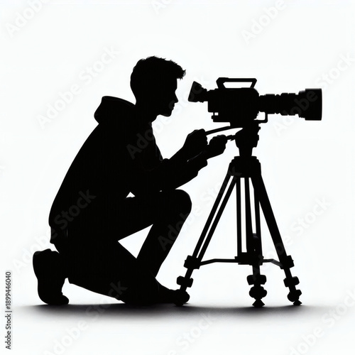 Silhouette Of A Person Kneeling Behind A Professional Video Camera On A Tripod