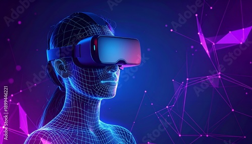 Woman wearing virtual reality headset, wireframe body, and geometric shapes