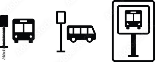Bus stop sign icons set featuring public transport symbols for station signage navigation and urban travel concepts design