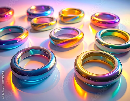 Luminous, multi-colored torus shapes on a reflective white surface