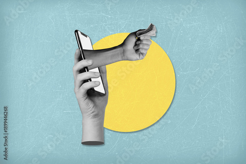 Modern art collage on the topic of payment via mobile phone. Modern payment methods