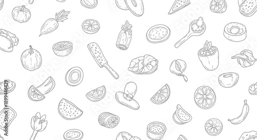 Variety of fresh fruit and sliced produce in a seamless pattern