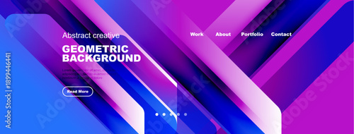 Vibrant abstract design. Geometric shapes blend blues, purples, pinks. Website header includes navigation options, text elements.