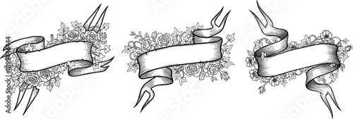 Engraving art set of three vintage engraved banners ribbon with floral ornaments and blank space vector