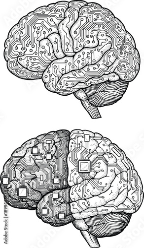 Engraving art illustration of human brain with integrated circuits and electronic pathways vector