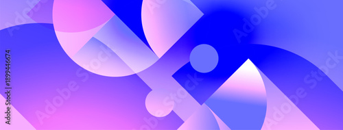 Abstract shapes blend, creating vibrant purple, blue gradients. Smooth curves overlap, forming dynamic composition. Modern design elements present.