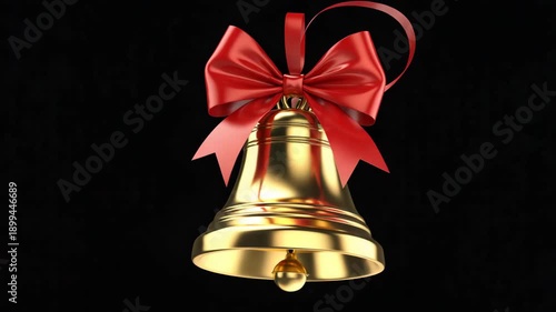 Golden bell with red ribbon bow on black background for Christmas or celebration