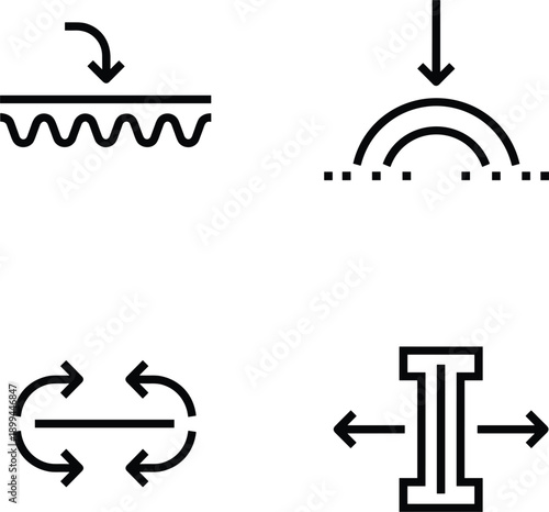 Engineering process icons set featuring force direction, compression, flow, and expansion symbols for physics mechanics design concepts