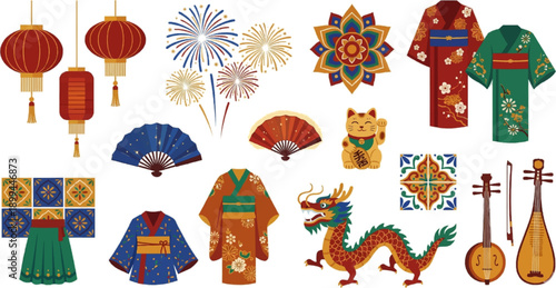 Asian decorative elements icon set with fans flowers ornaments traditional patterns flat design
