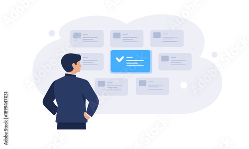 Flat vector illustration of a man reviewing and approving digital information cards with a check mark. Concept of human validation, decision approval and quality control in automated systems.