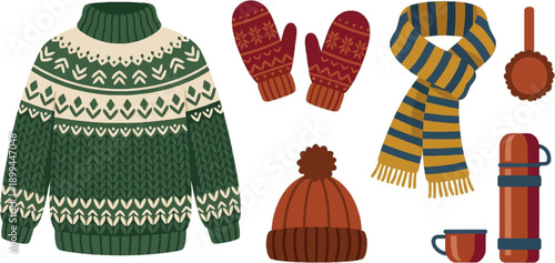 Winter clothing icon set with knitted hats scarves gloves sweaters and warm accessories flat design