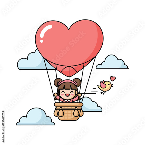 A cheerful girl rides in a heart-shaped balloon, accompanied by a cute bird, set against a backdrop of fluffy clouds.
