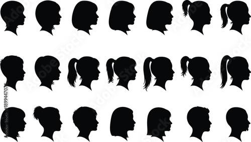 Female head silhouette icons set featuring women face profiles with different hairstyles in side view avatar design concepts