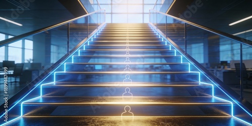 Neon glowing staircase in modern office, career progress leadership pathway with people icons, clean business technology background banner for presentation