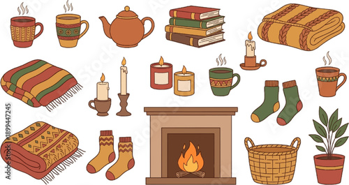 Cozy winter interior icon set with teapot books coffee cups fireplace candles furniture and warm home elements flat design