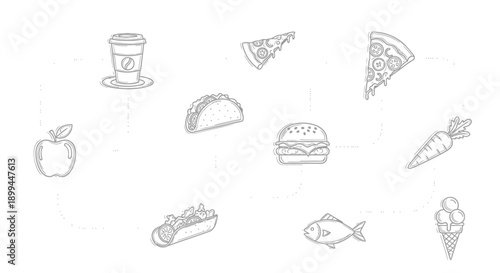 Variety of tasty food and drink items illustrated in black and white