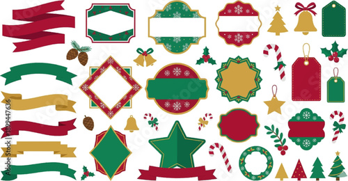 Christmas ornament icon set with decorative balls ribbons wreaths trees and festive shapes flat design