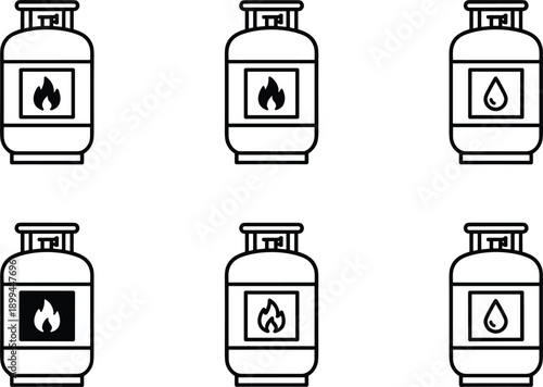 Gas cylinder icons set featuring fuel and liquid tanks in outline and solid styles for energy safety concepts