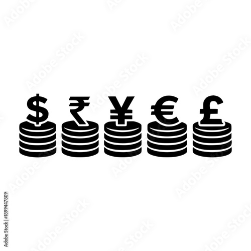 Stacked coins with different currency symbols