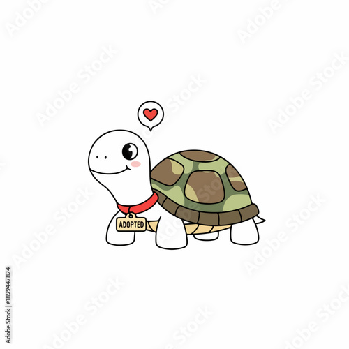 Adopted turtle graphic shows cheerful reptile wearing ADOPTED tag on red collar. This cute adopted turtle promotes pet ownership, encouraging loving homes.
