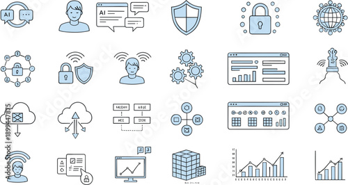 Artificial Intelligence and Technology Icon Set with Data Analytics, Cyber Security, Cloud Computing, Automation, Network, and Machine Learning Symbols for Web and App Design