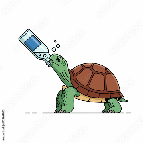 Green thirsty turtle character holding bottle, bubbles show refreshing hydration. Cartoon tortoise sips cool liquid, illustrating a thirsty turtle seeking vital relief.