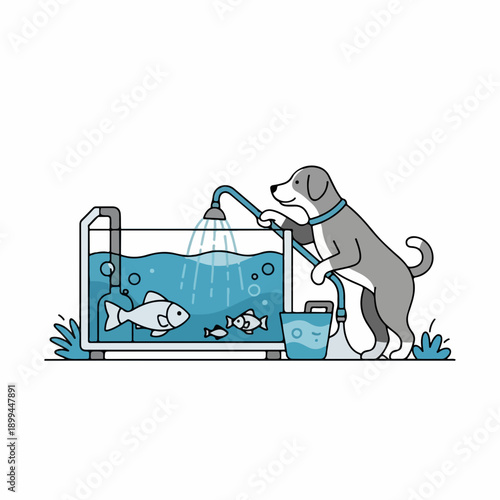 Grey dog filling fish tank with fresh water using shower hose, two fish swimming inside. Illustration depicts happy animal diligently cleaning clear fish tank, ensuring healthy aquatic environment.