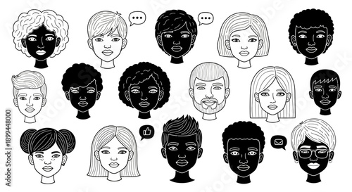 Diverse group of people with different hairstyles and expressions