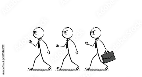 Three stick figures in business attire walking in unison