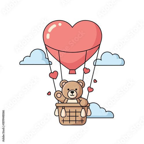 A cute teddy bear waves from a wicker basket suspended beneath a heart-shaped hot air balloon, adorned with smaller hearts, set against a backdrop of fluffy clouds.