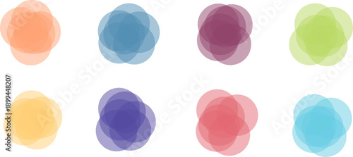 半透明で重なり合う水彩風カラースポットセット｜やさしいパステルカラーの抽象円形背景・デザイン装飾イラスト素材