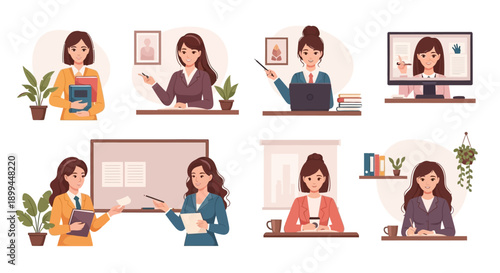 Professional women in business and education settings working diligently