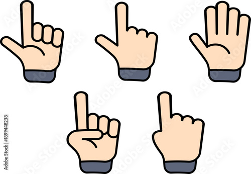 指差し動作を集めたシンプルな手のジェスチャーイラストセット｜クリック・操作説明・注目誘導に使えるUI向けフラットデザイン素材