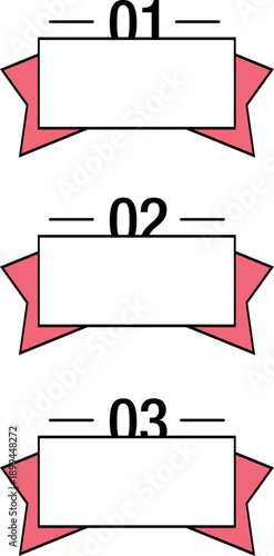 番号付きリボンフレームで手順やランキングを強調できる縦並びデザイン、解説やプレゼン資料に使いやすい白背景の見出しラベル素材