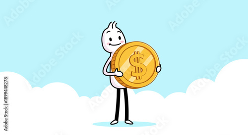 Cheerful cartoon character holding large golden dollar coin in cloudy sky