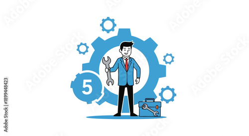 Businessman with wrench standing in front of large gear