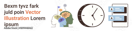 Mental health, brain activity, productivity, decision-making, time management, communication tools. Graphic with brain, clock and chat icons. Mental health and productivity