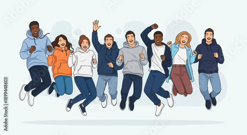 Diverse group of happy young adults jumping together