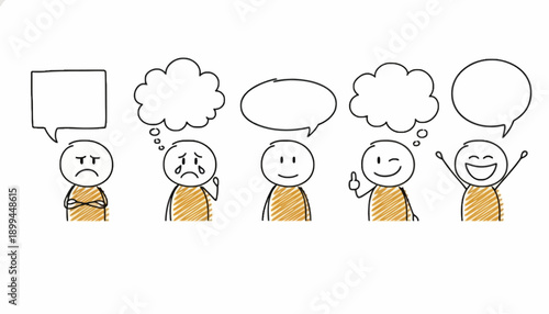 Diverse emotions and thoughts in a series of expressive cartoon characters