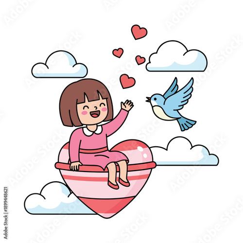 A cute cartoon illustration of a girl sitting on a heart with a bird flying nearby, surrounded by clouds and hearts.