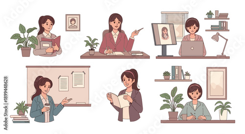 Businesswoman engaged in various office activities with colleagues