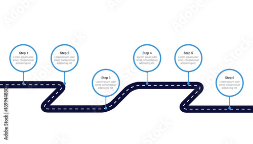 Roadmap Infographic With Six Steps And Winding Asphalt Road
