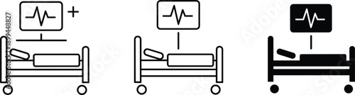 Hospital patient monitoring bed icons set featuring heart rate vital signs display for medical care and healthcare concepts