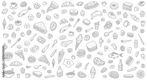 Variety of food and drink items illustrated in detailed line art style on white background